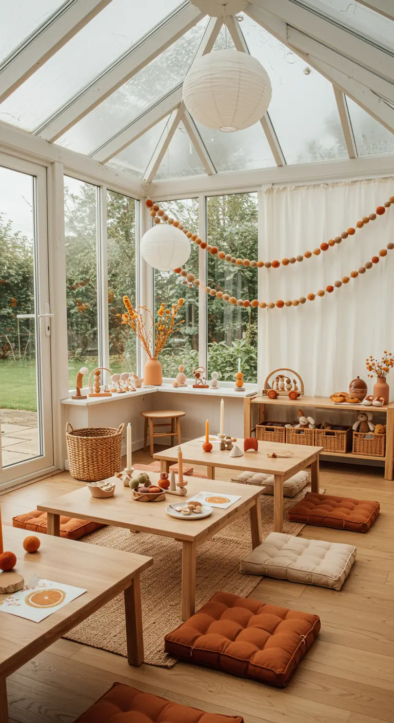 Gezellige kindvriendelijke feestopstelling met lage houten tafels en oranje vloerkussens in een serre.