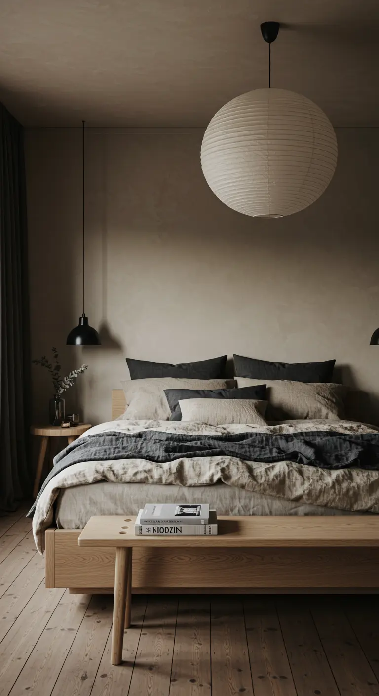 Donkere, serene slaapkamer met een grote papieren lantaarn en linnen beddengoed.