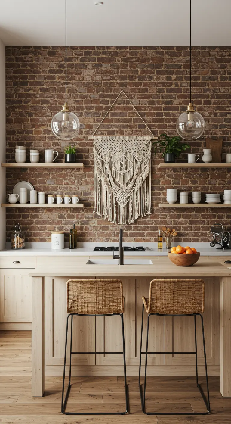 Loftkeuken met een groot macramé wandkleed boven het aanrecht.