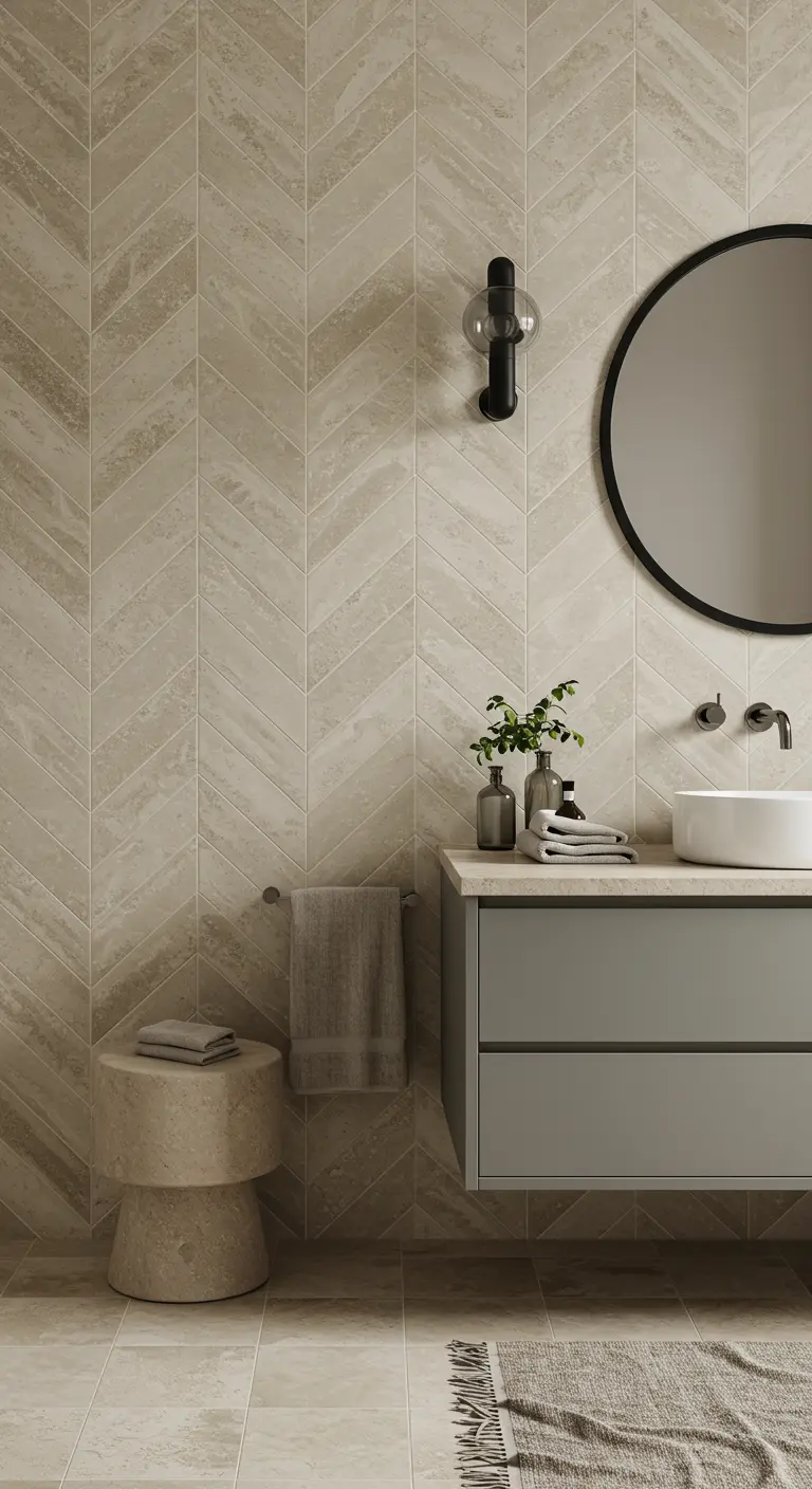 Badkamer in beige en grijze tinten met visgraattegels van travertin.