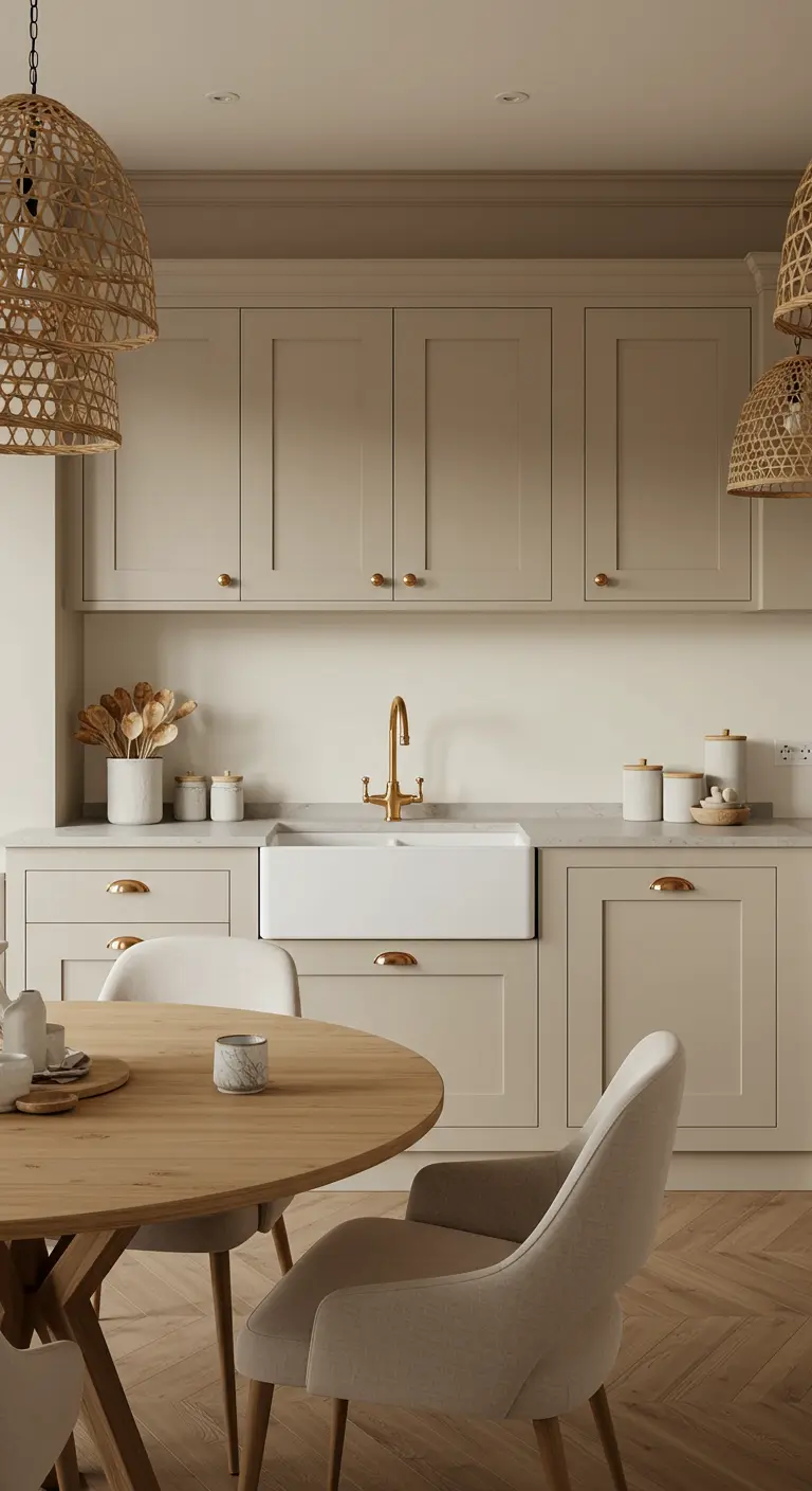 Matte beige kasten met rieten hanglampen en gouden accenten in landelijke keuken.
