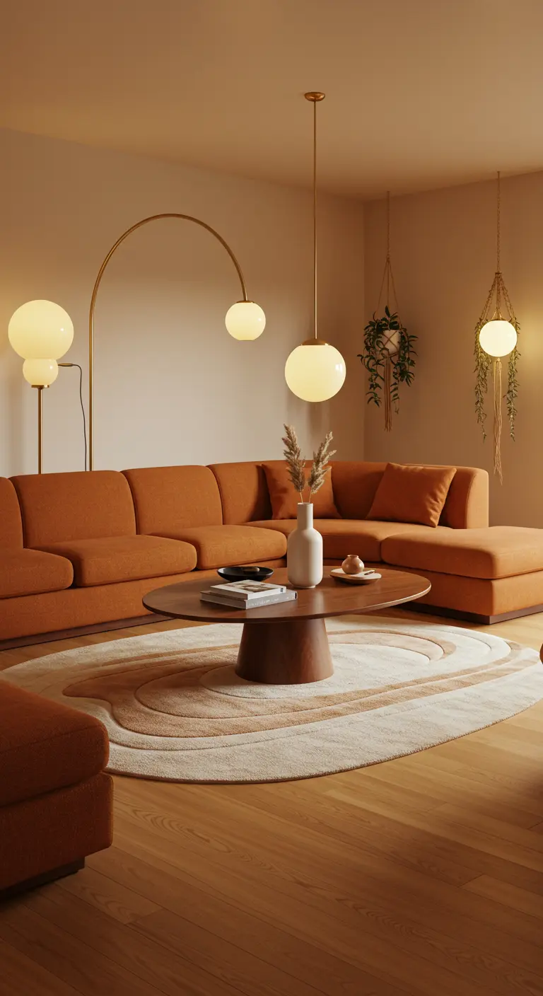 Woonkamer met oranje sectiebank, ovalen vloerkleed, bolvormige lampen en hangplanten.