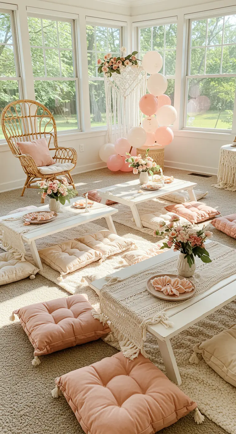 Binnenpicknick met lage tafels, roze kussens en ballonnen.