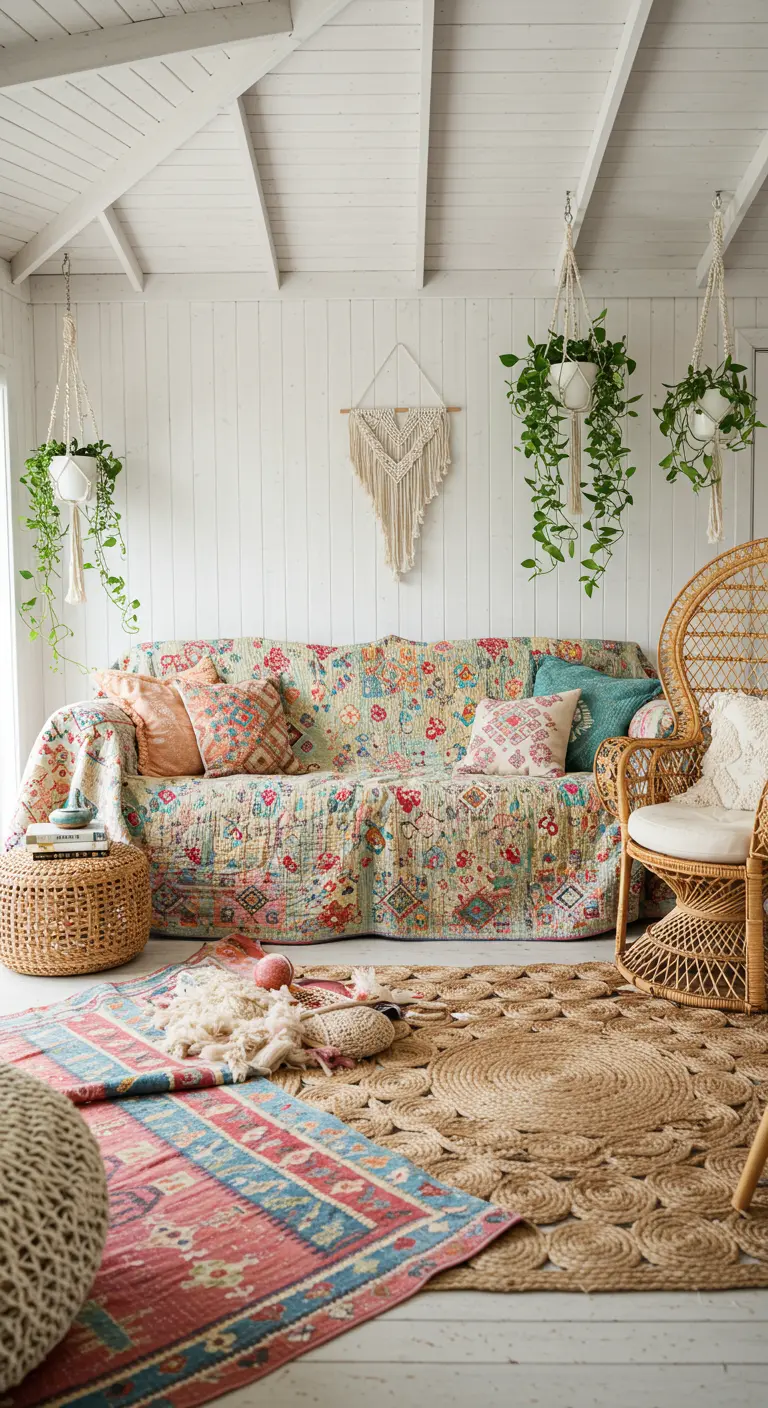 Boho woonkamer met een bank bedekt met een kleurrijke quilt en gelaagde tapijten.
