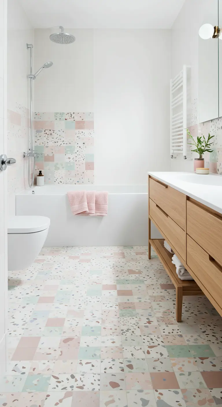 Lichte badkamer met een vloer en wandaccent van terrazzo-tegels in pastelkleuren.
