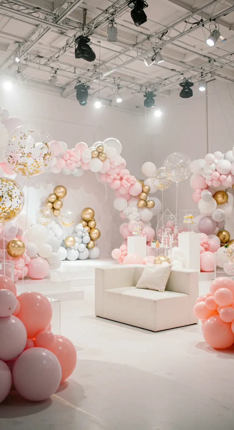 Feestruimte met organische ballonnenbogen in roze, wit en goud, met een witte loungebank en kubistische pedestals.