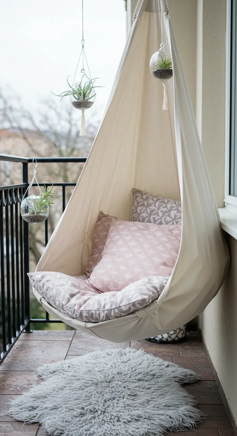 Lichte canvas hangstoel met roze kussens en een pluizig kleedje op een smal balkon.