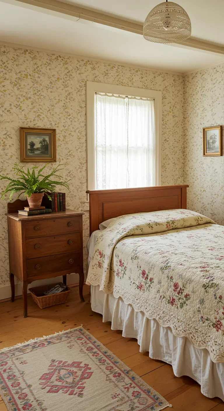 Compacte slaapkamer met discreet bloemenbehang, antiek dressoir en kanten bedsprei.