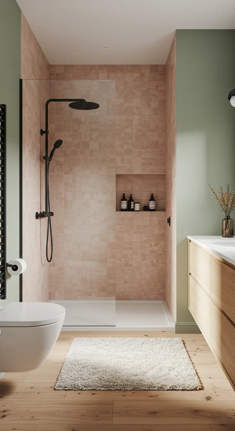 Moderne badkamer met roze tegels in de douche, een saliegroene muur en een houten vloer.