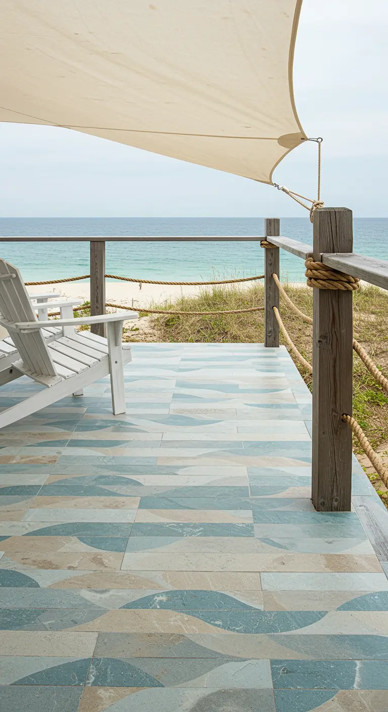 Veranda aan het strand met een tegelvloer in blauwe en zandkleurige golfpatronen.