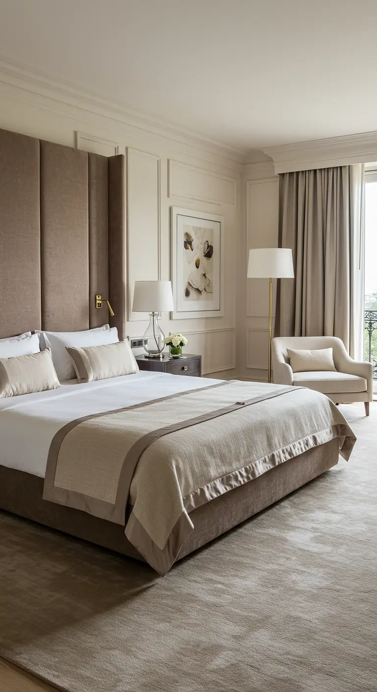 Serene slaapkamer met een hoog, beige gestoffeerd hoofdbord, gelaagd beddengoed in neutrale tinten en een fauteuil.