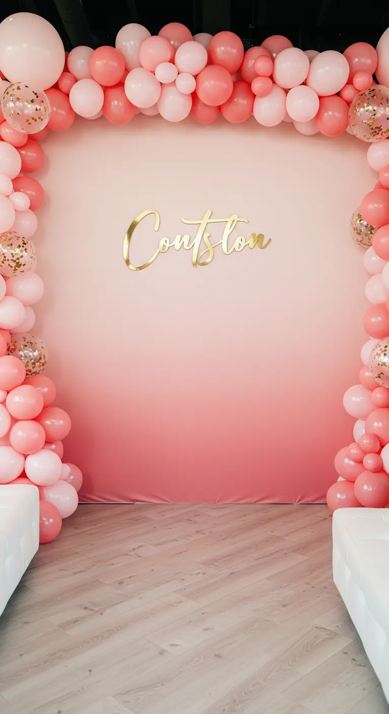 Roze ombré achtergrond met gouden letters, omlijst door een ballonnenboog.