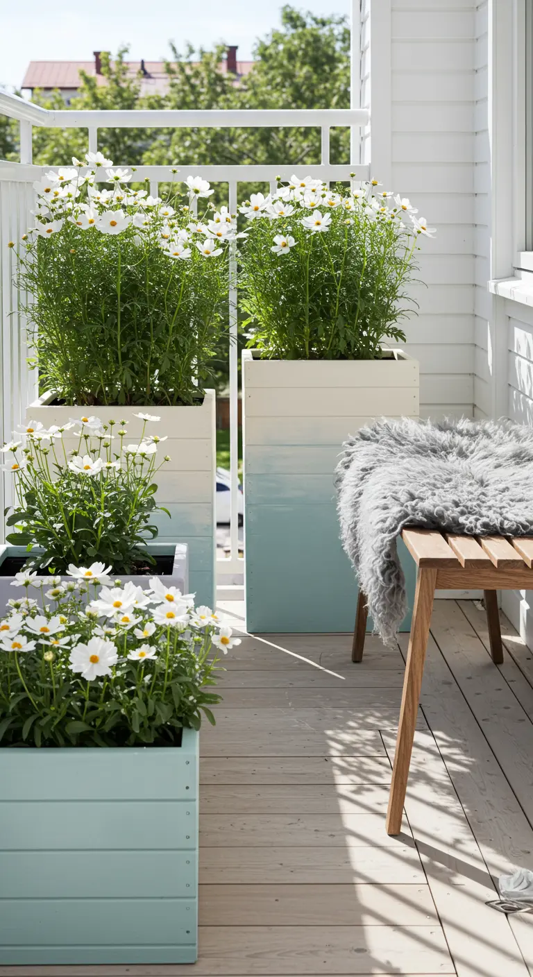 Hoge houten plantenbakken met een wit-naar-blauw kleurverloop, gevuld met witte bloemen.