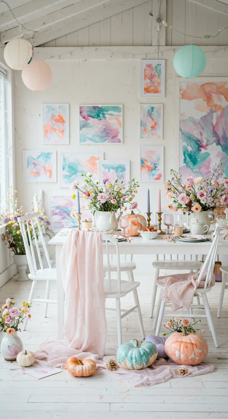 Lichte kamer met pastelkleurige pompoenen, bloemen en lantaarns.