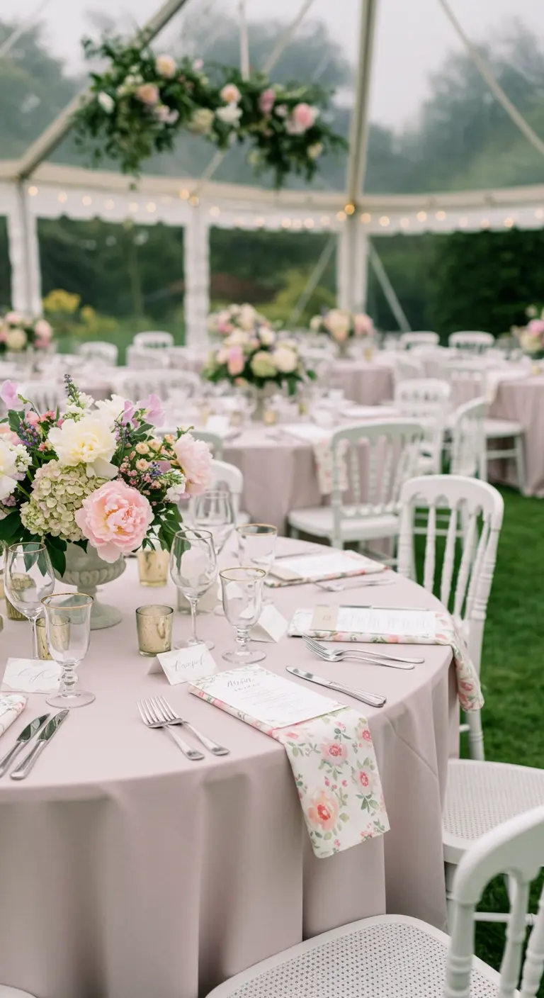 Pastel wedding table with light pink tablecloths, floral napkins, and large flower arrangements.