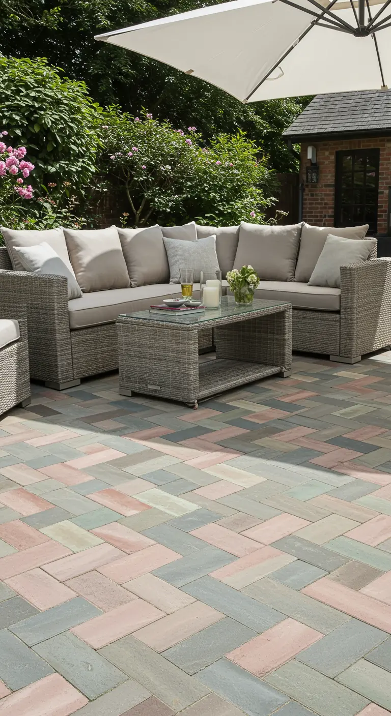 Terras in een visgraatpatroon met tegels in zachte pastelkleuren roze, groen en blauw.