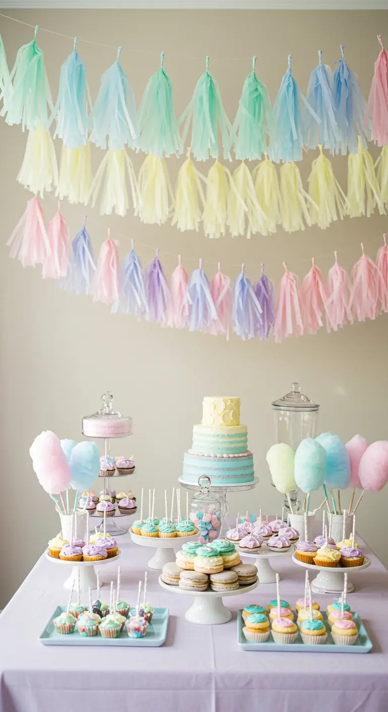 Buffettafel met pasteltinten, suikerspinnen en kwastjesslingers erboven.