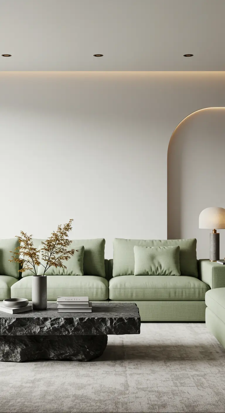 Serene woonkamer met licht saliegroene bank, gebogen wandaccent en lavasteen salontafel