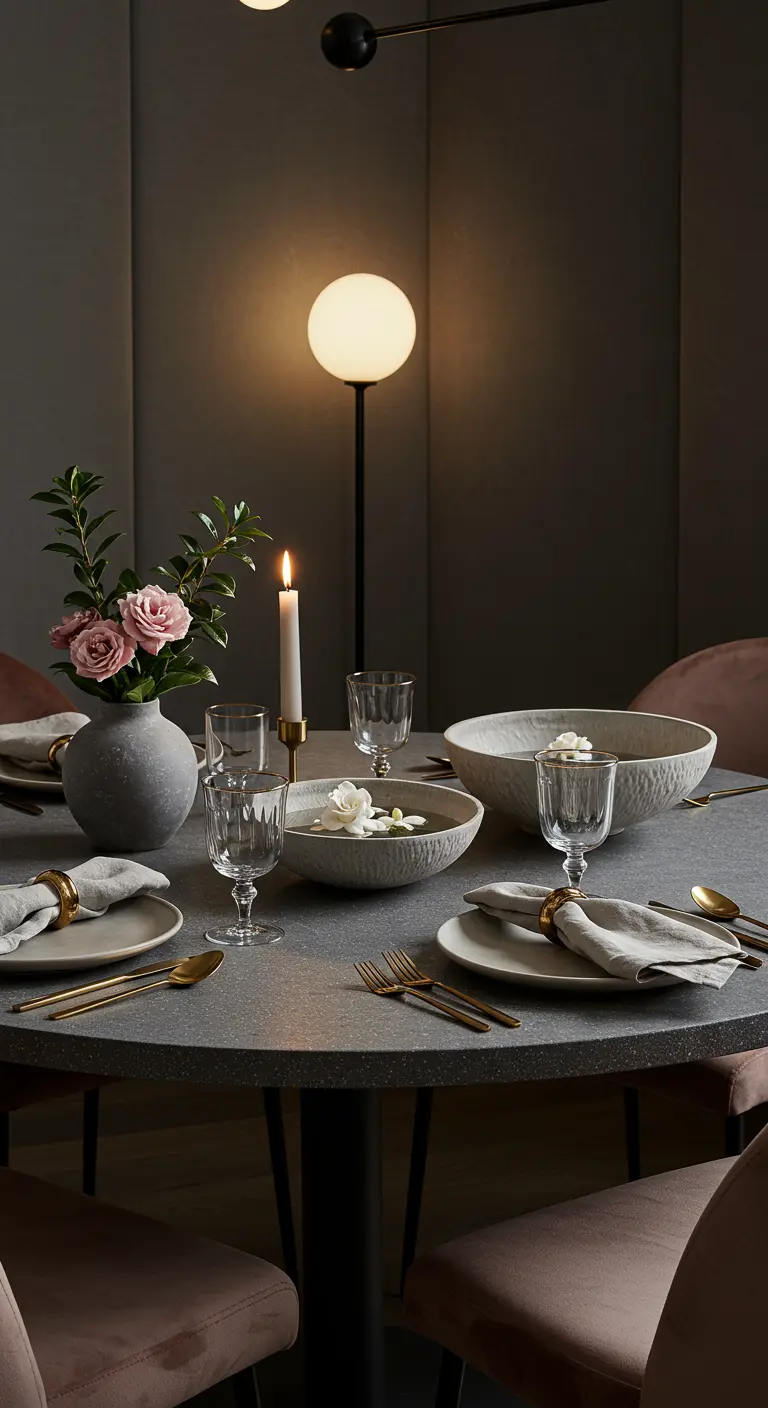 Stijlvolle ronde eettafel met grijs servies, roze stoelen en gouden bestek.