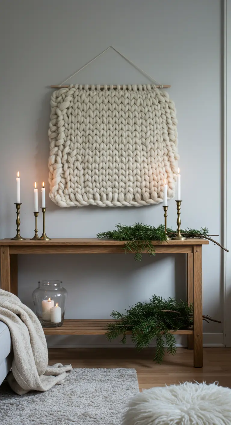 Grof gebreid wit wandkleed boven een houten sidetable met kaarsen.