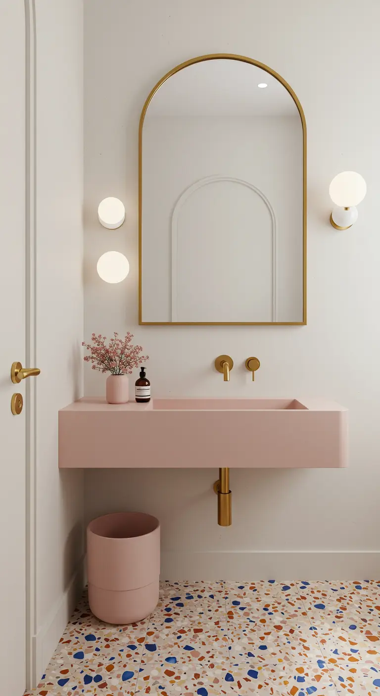 Terrazzo vloer met kleurrijke spikkels, een roze wastafel en gouden details.