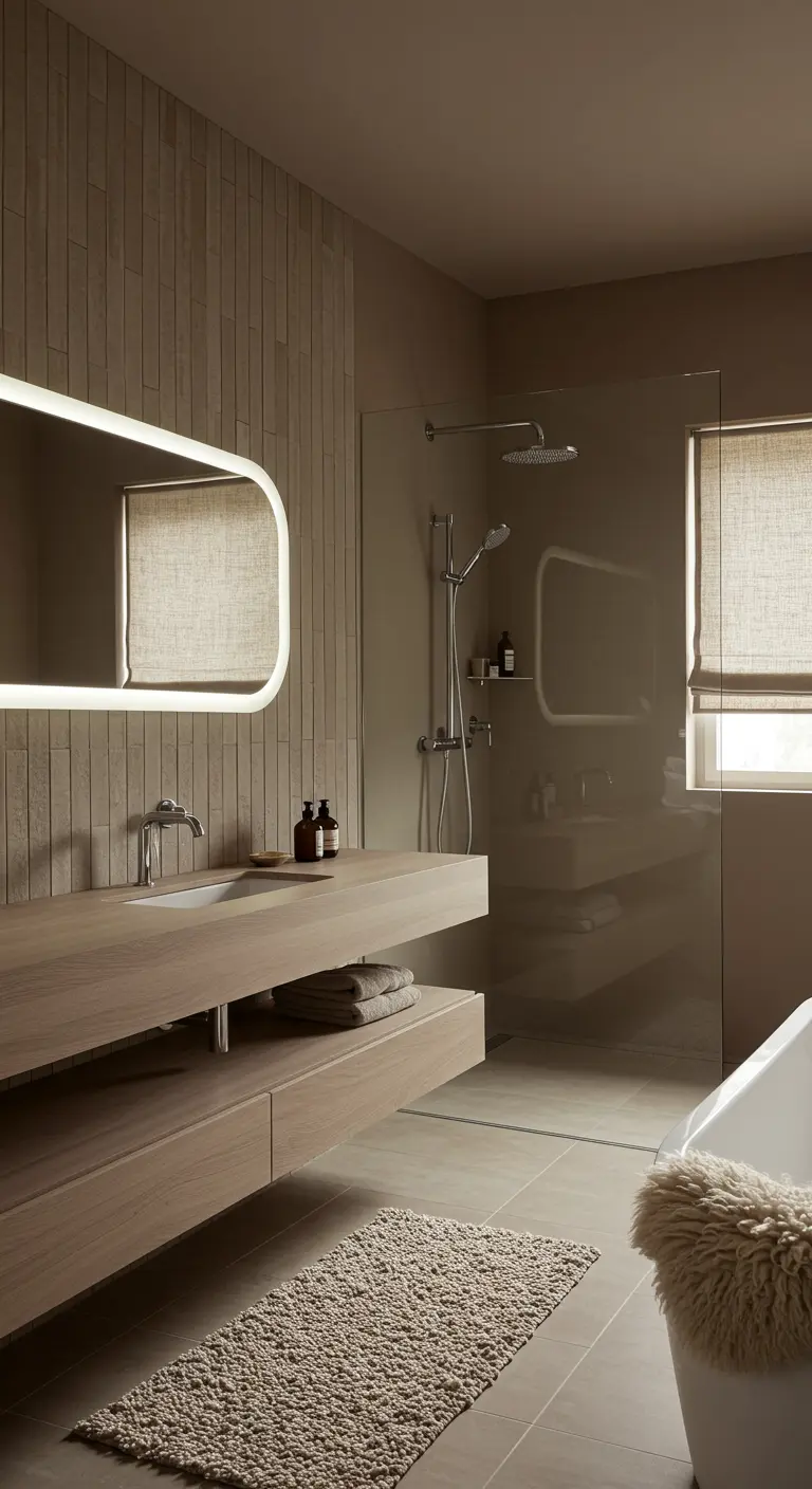 Serene badkamer in beige tinten met verticale tegels en een houten meubel.