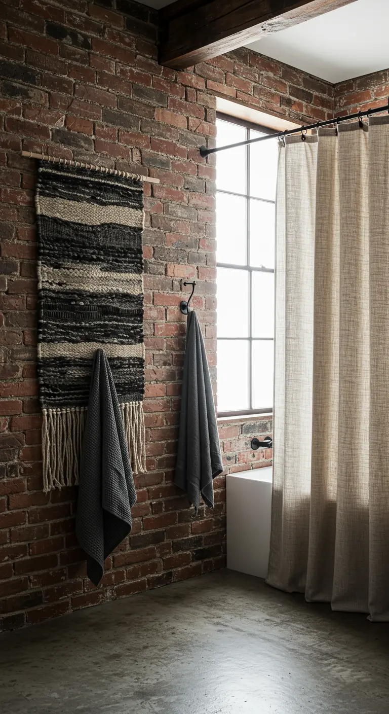 Industriële badkamer met bakstenen muur, geweven wandkleed en een linnen douchegordijn.