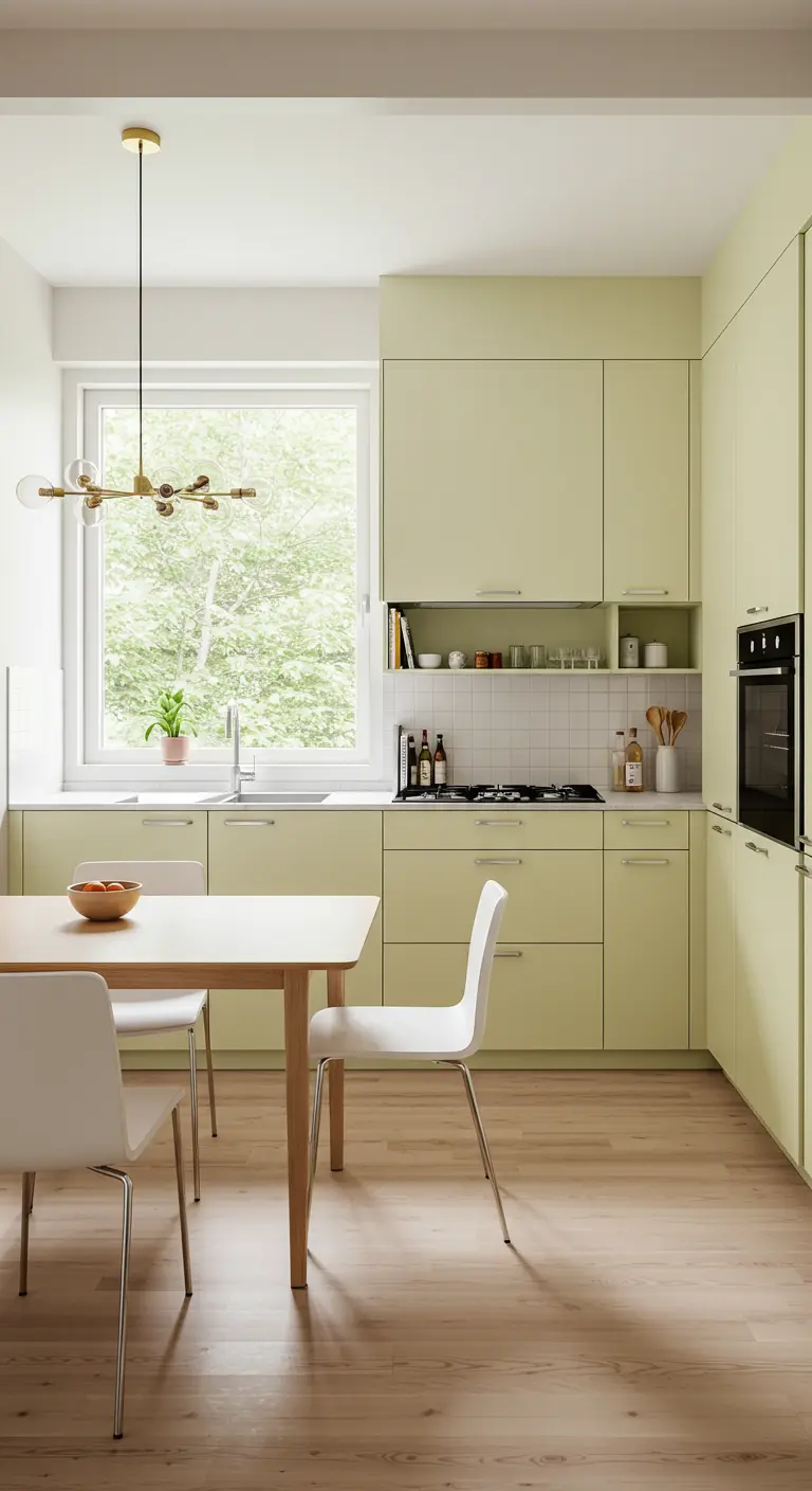Lichtgroene keuken met een houten eettafel, witte stoelen en een opvallende gouden hanglamp