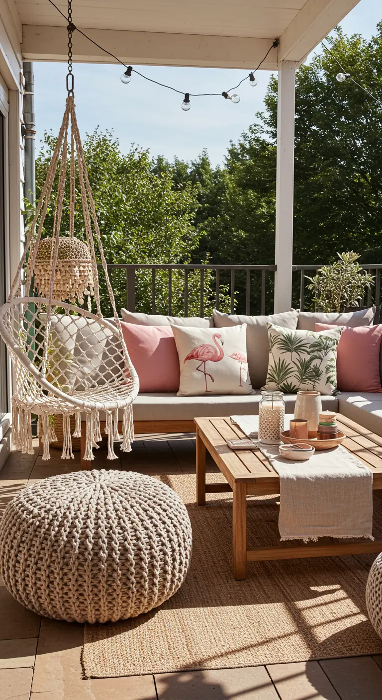 Veranda met houten loungebank, macramé hangstoel en kussens in zachtroze en beige.