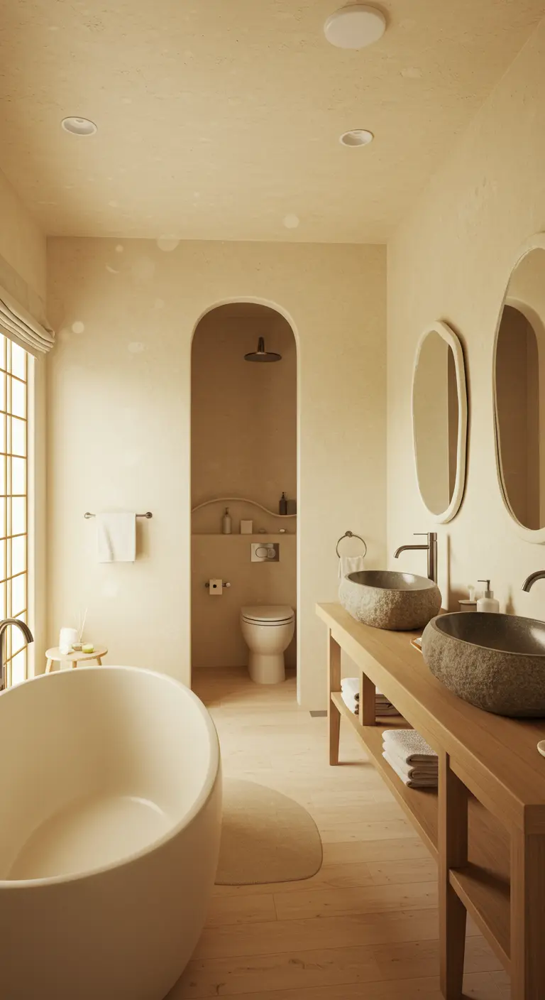 Badkamer in beige tinten met een boogvormige douche-ingang en ovale spiegels.