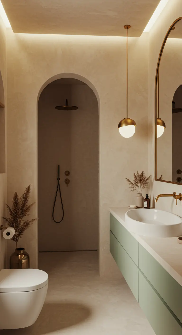 Badkamer in aardetinten met een gebogen douche-ingang en saliegroen meubel.