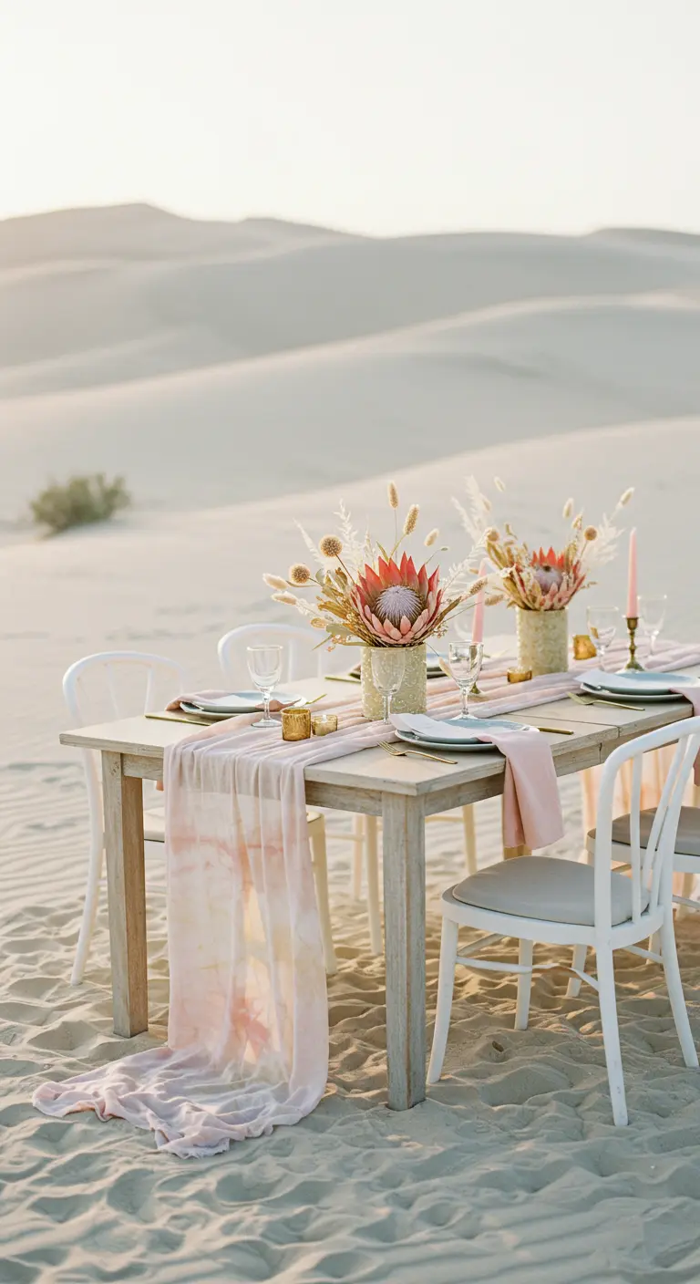 Tafel in de duinen met een tie-dye loper en een boeket van protea en droogbloemen.