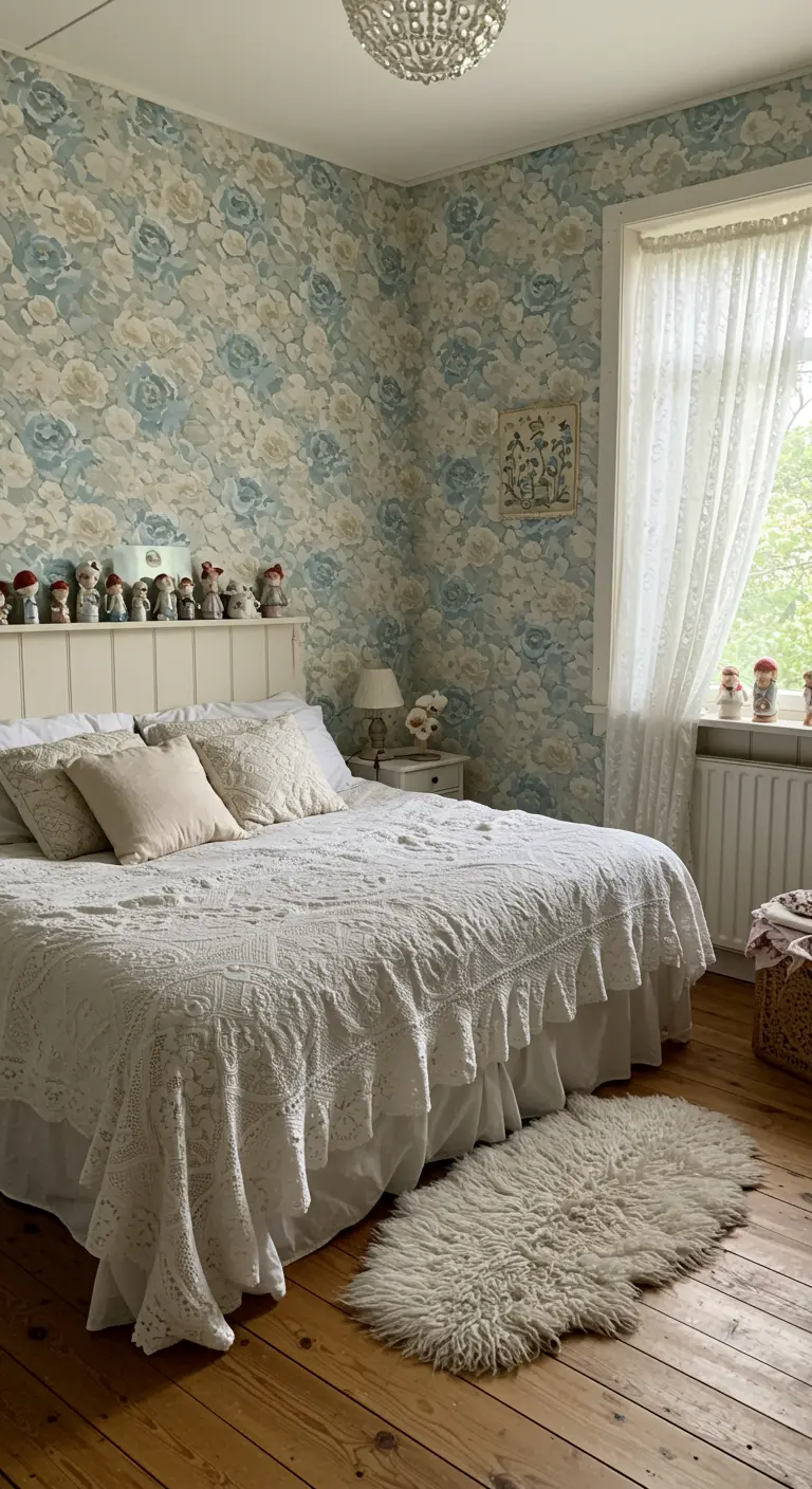 Lichte slaapkamer met blauw-wit bloemenbehang, wit smeedijzeren bed en zachte schapenvacht.