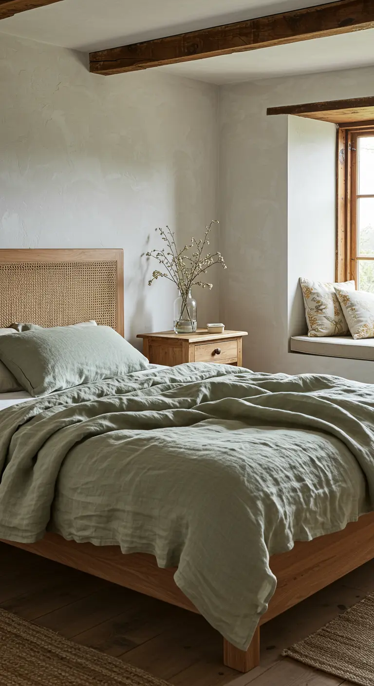 Slaapkamer met een houten bed en rotan hoofdbord, zachtgroen linnen beddengoed, en een vensterbank zithoek.