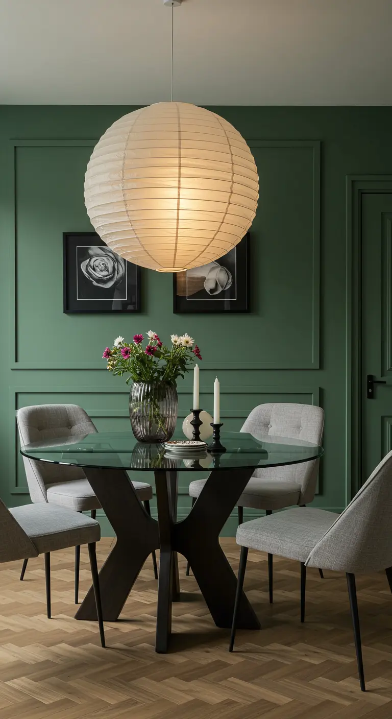 Eetkamer met saliegroene muren, een grote witte papieren lampion en een glazen tafel.