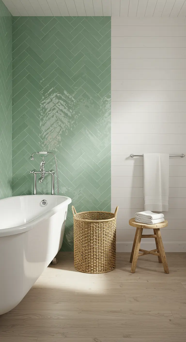 Badkamer met saliegroene visgraattegels naast een wit vrijstaand bad.