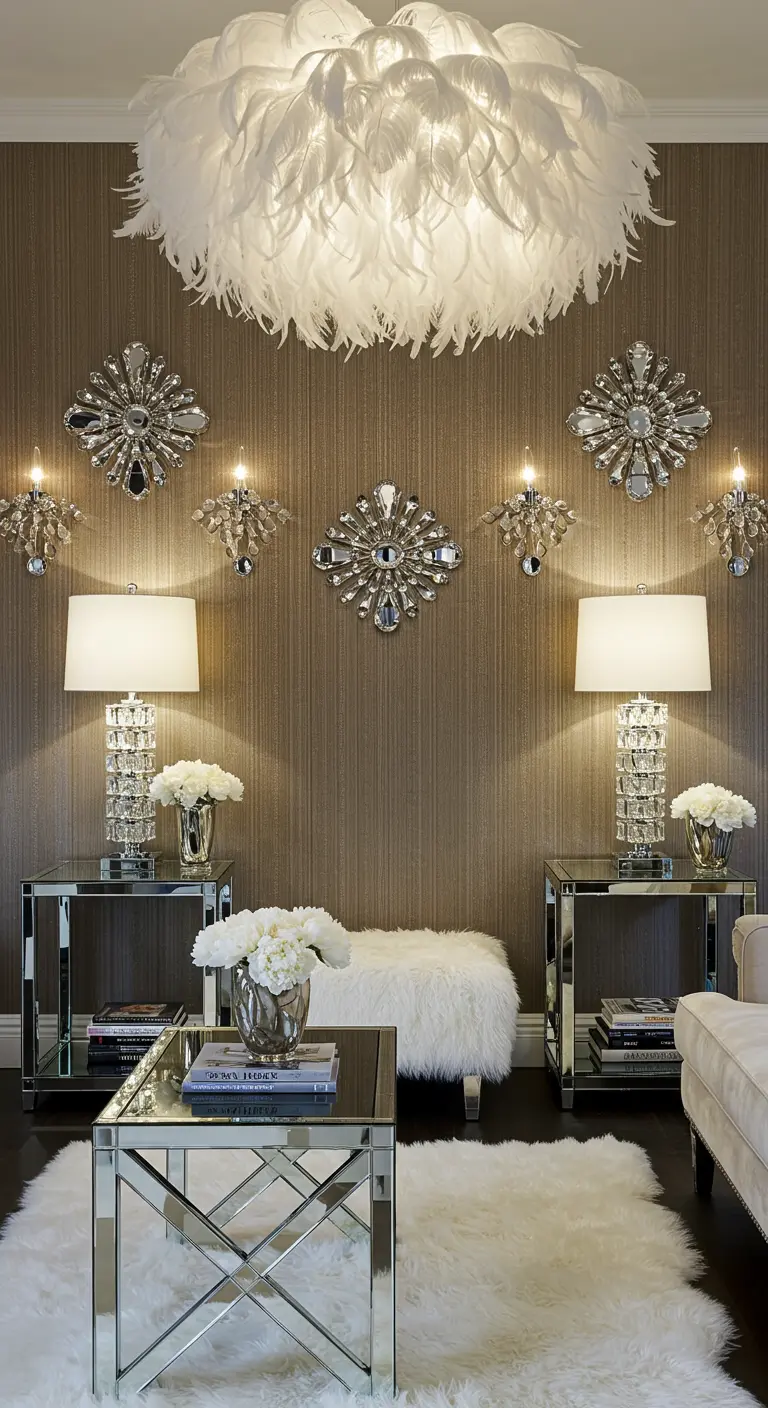 Glamoureuze woonkamer met veren kroonluchter en symmetrische kristallen lampen.