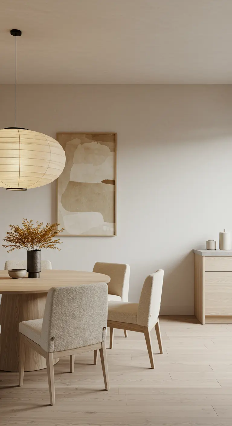 Eetkamer in crème- en zandtinten met bouclé stoelen en rijstpapieren lamp.