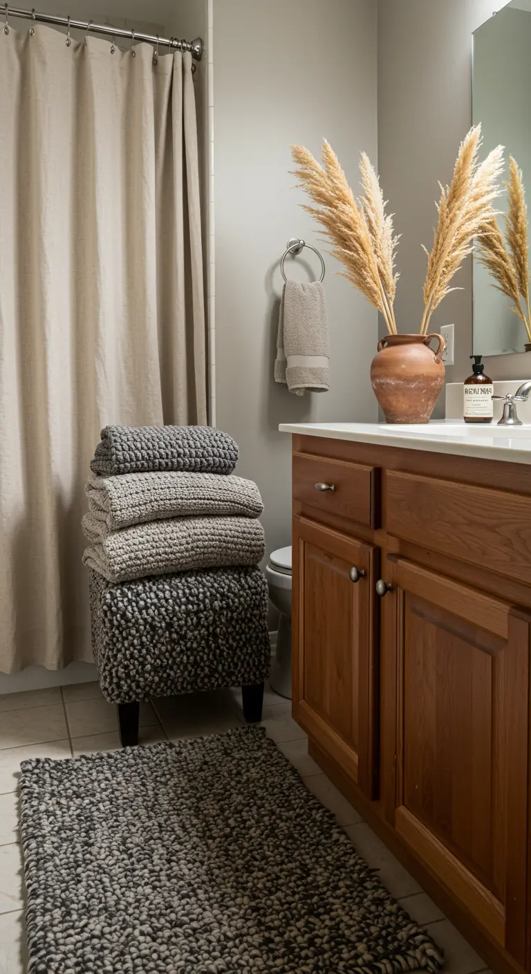 Badkamer met gelaagde grijze en beige texturen, zoals een gebreide poef en pampasgras.