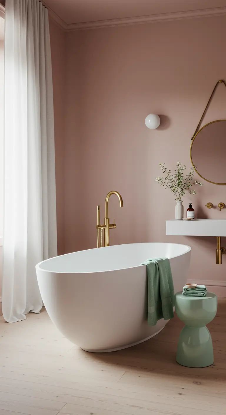 Wit ovaal bad in een poederroze badkamer met gouden kranen en saliegroene accenten.