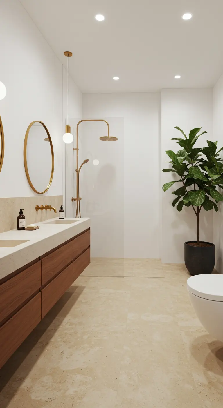 Lichte badkamer met beige betonciré vloer, gouden kranen en een grote plant.