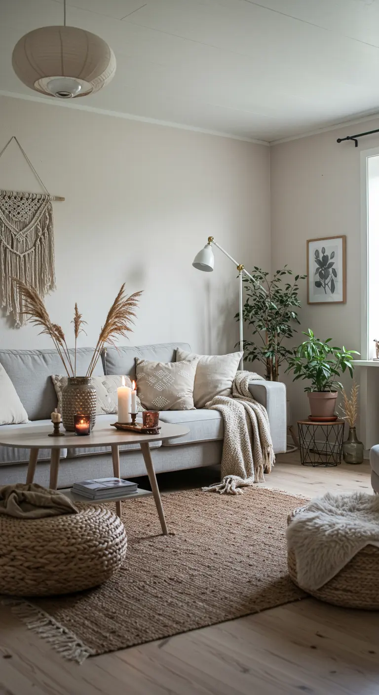 Lichte woonkamer met pampasgras in een vaas, gebreide poefs en een macramé-hanger.