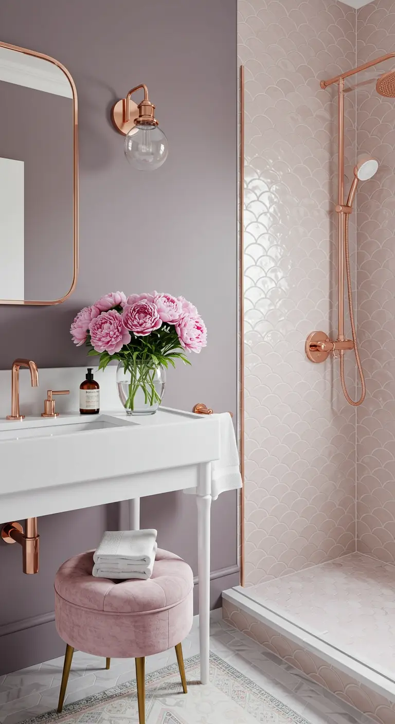 Badkamer met zachtpaarse muur, roze visschubtegels en koperen kranen en douche.