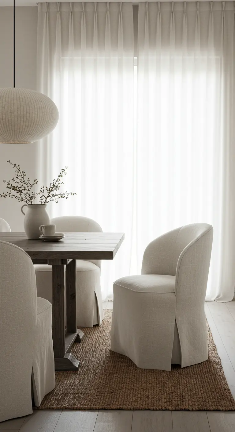 Witte eetkamer met stoelen met lange hoezen en een jute vloerkleed.