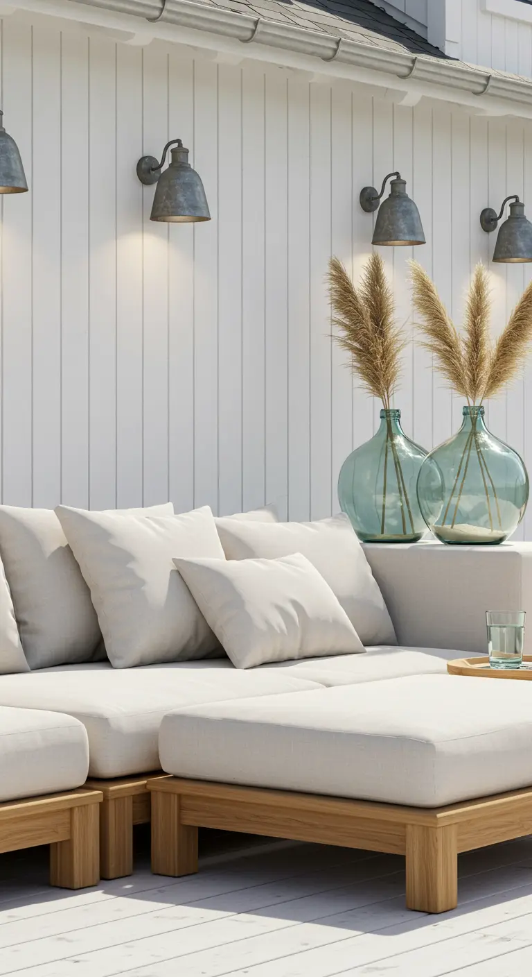 Witte loungebank tegen een witte houten wand, met vazen met pampasgras en industriële wandlampen.