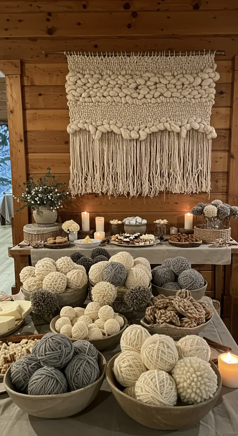 Een buffettafel gedecoreerd met kommen vol bollen wol en garen in neutrale kleuren.