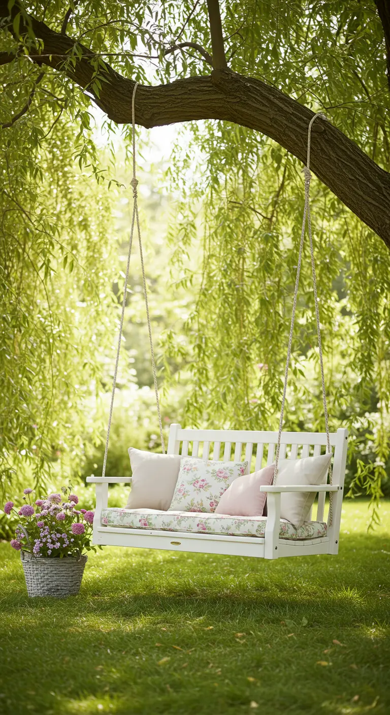 Witte houten schommelbank hangend aan een boom, met bloemenprint kussens.