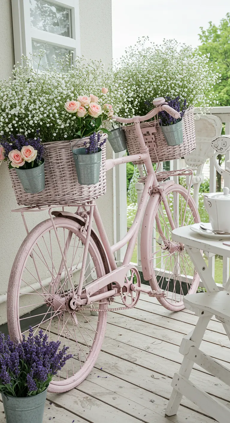 Roze geverfde fiets op een witte veranda, met manden vol witte bloemen, rozen en lavendel.