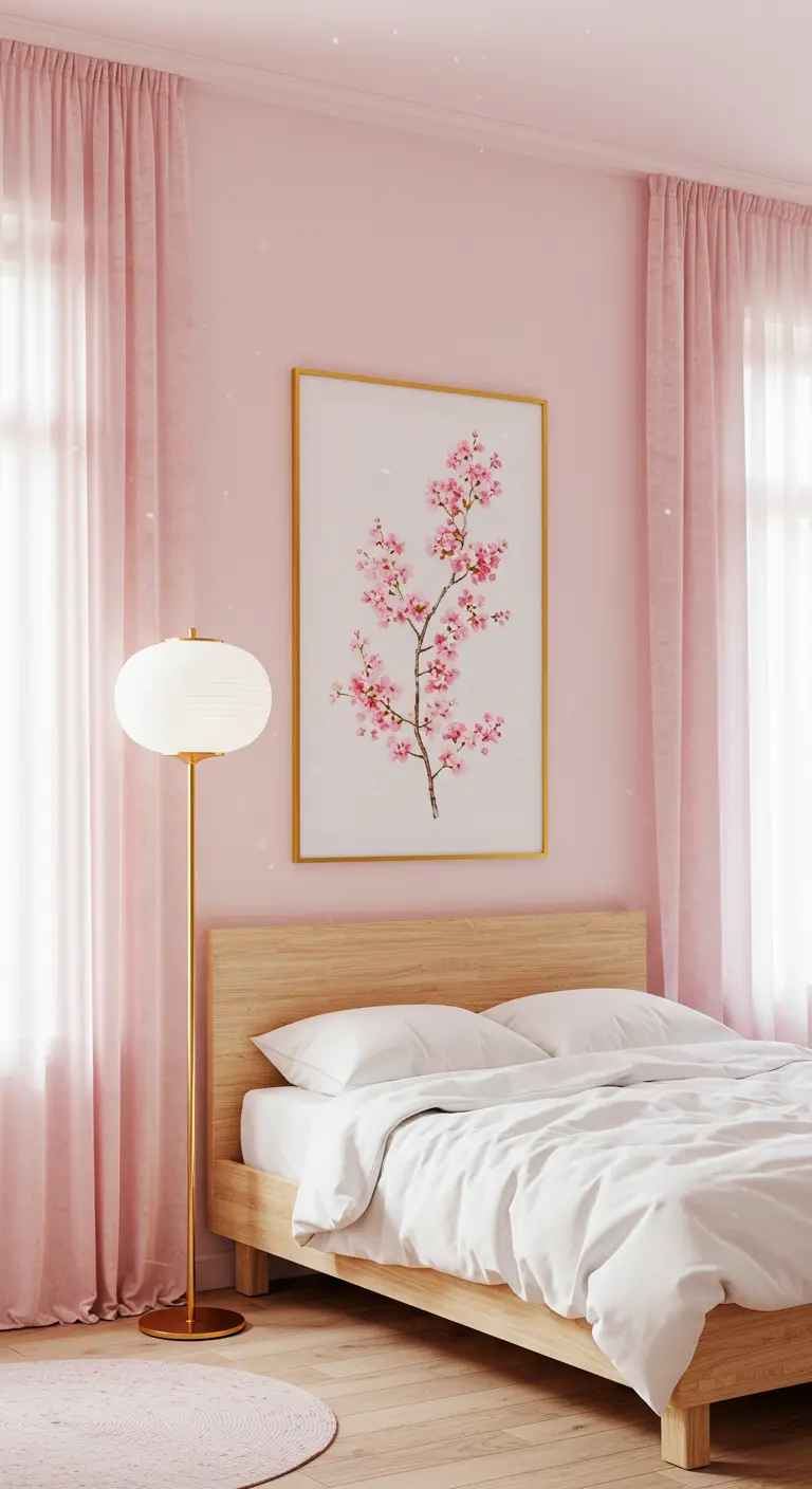 Lichte slaapkamer met roze fluwelen gordijnen, houten bed en kunst van kersenbloesem.
