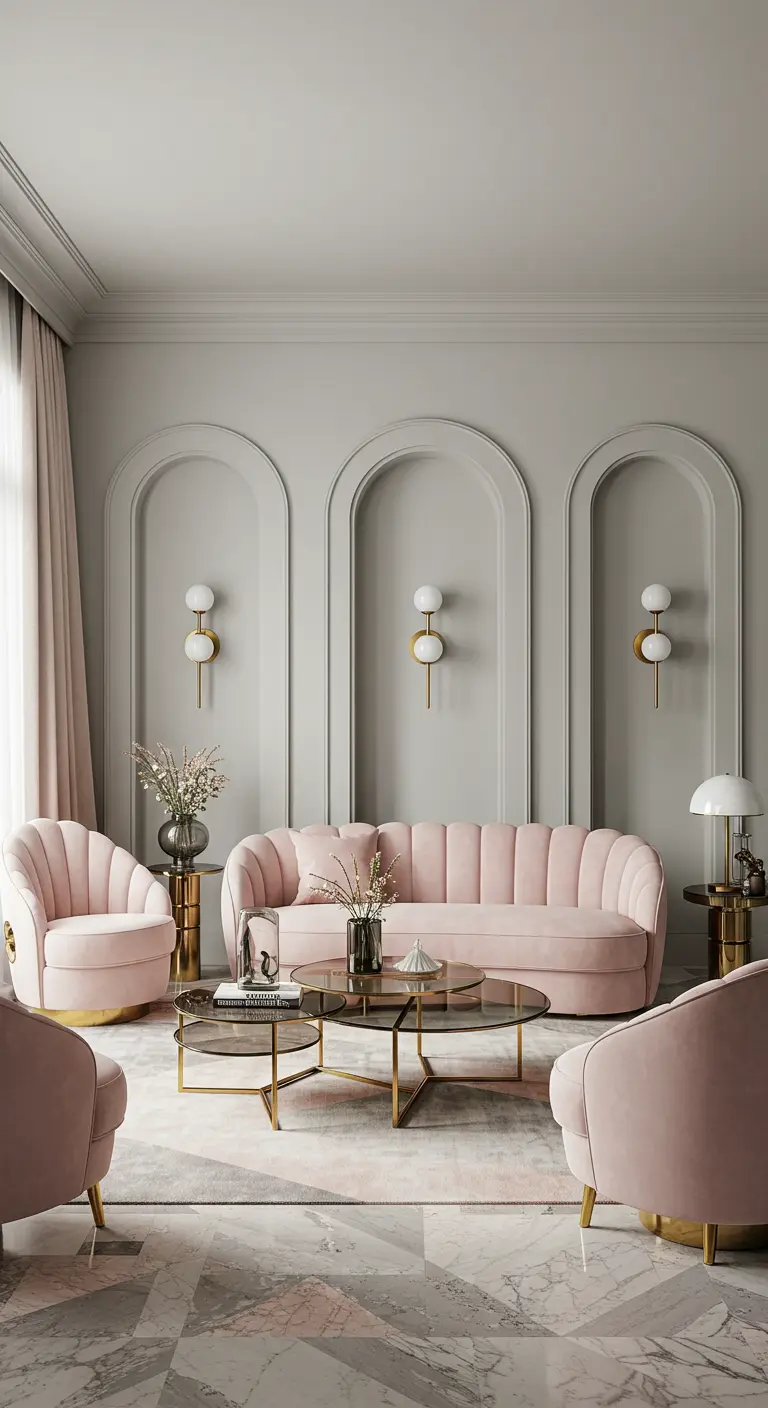 Elegante woonkamer met roze fluwelen meubels, gouden accenten en bogen op de muur.